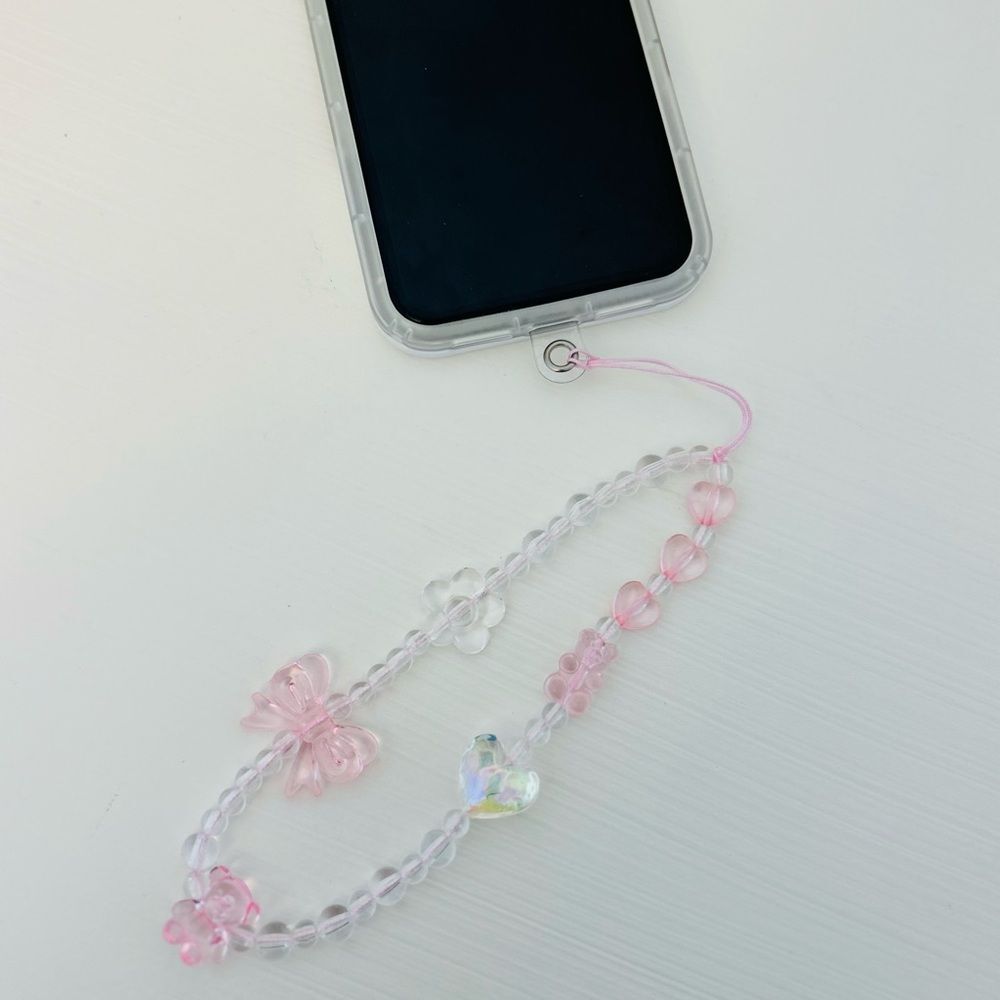 Beaded hand-held lanyard chain, phone wristlet strap pink bear butterfly